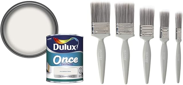 Dulux Once Satinwood Paint For Wood And Metal - Pure Brilliant White 750 ml and Harris Essentials Walls & Ceilings Paint Brush Set | Pack of 5 | 0.5", 1", 1.5", 2"