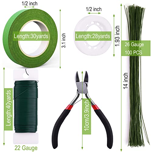 Glamfields Floral Arrangement Kit With Cutter, 5 Rolls 1/2" Wide Floral Tapes, 100 Pcs 26 Gauge Floral Stem Wire, 1 Roll 22 Gauge Floral Wire For Bouquet Stem Wrapping And Floral Crafts #TOP1