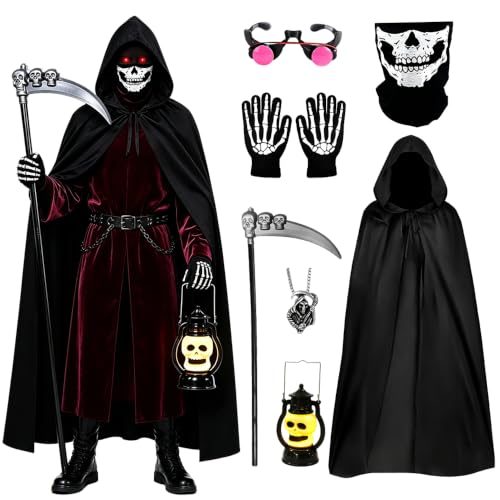 Image of Mineup 8PCS Grim Reaper Costume Kids Adult, Grim Reaper Halloween Costume