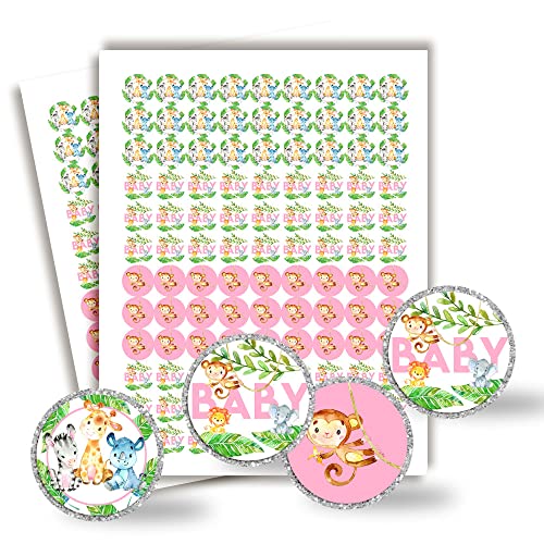 Baby Shower Safari Stickers, Jungle Baby Shower Stickers Girl, 324 Pack 0.75-Inch Round Labels, 3 Sheets for Wrapped Chocolates, Goodie Bags, Party Favors & Envelope Seals by Amanda Creation
