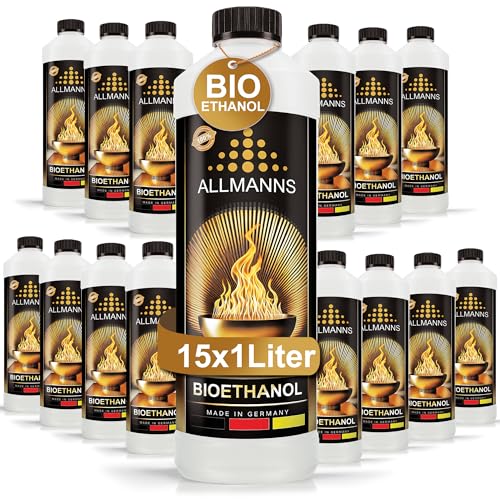 Allmanns Bioethanol 15 x 1l 100% | Bio Ethanol 100 Prozent | Reiner Bioalkohol geeignet für Indoor & Outdoor | ideal für Tischkamin Tischfeuer Kaminofen...