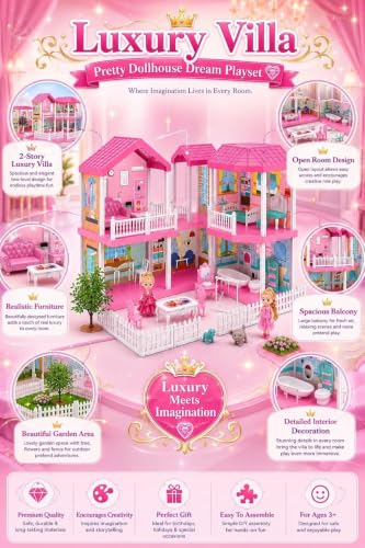 Image of 132+ Pcs Large Doll House for Girls & Boys 3+ Years, 2 Storey Pretend Play Villa with 7 Rooms, 2 Dolls, Furniture, Pets, Kitchen, Bedroom & Accessories