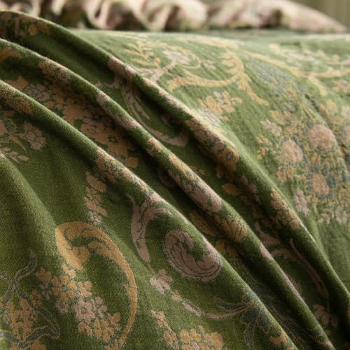 VM VOUGEMARKET Olive Green Duvet Cover Set King,Reversible Medallion Flower Print Bedding Set Linen Cotton Yarn-Dyed Textured Bohemian Duvet Cover with Zipper Closure