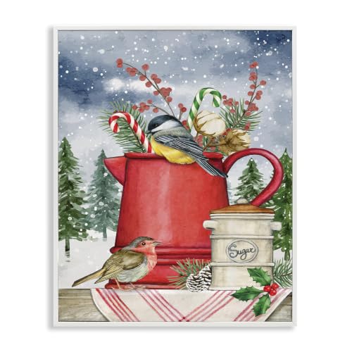 Winter Birds Tea Kettle Botanicals, 11 x 14 Inch Framed Giclée Print