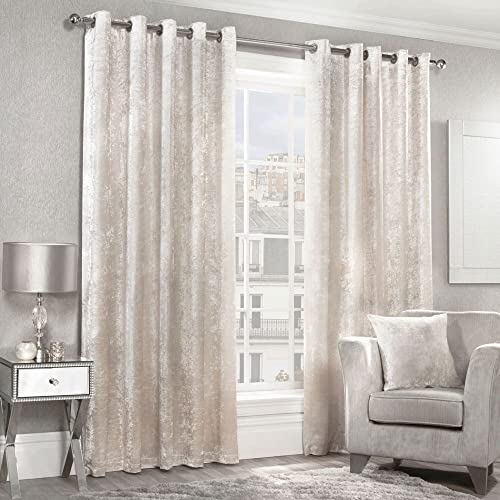 Alan Symonds Home Crushed Velvet Lined Eyelet/Ring Top Curtains Pair Cream x 90" Width