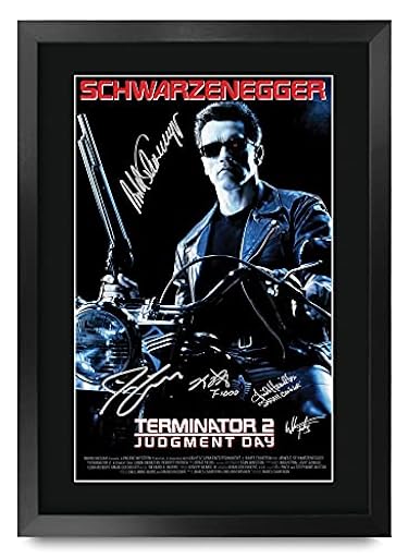 HWC Trading FR - Póster impreso A3 de Terminator 2 Judgment Day Schwarzenegger, con autógrafo firmado para fanáticos de la película, enmarcado A3 | Ya disponible en tu tienda friki favorita! En mundofriki.es!
