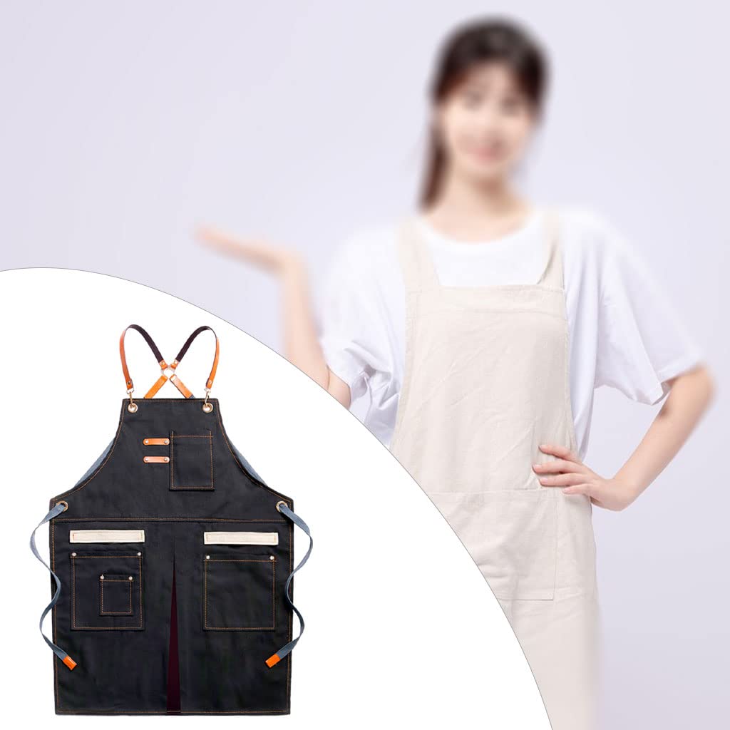 Delantal de Lona con Diseño de Tirantes Y Bolsillos Amplios para Chef Camarero Pintores Y Panaderos Función Antimancha Adecuado para Barbacoa, Negro, Individual