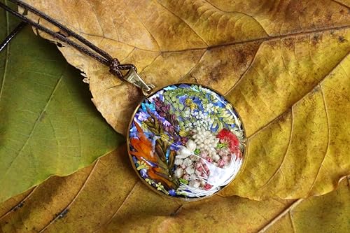 Nature's Multi Colour Dry Pressed Real Flower Round Handmade Pendant Necklace4