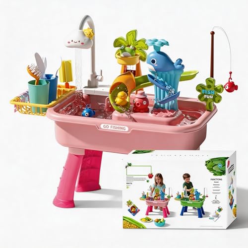 Générique Table de Jeux d’Eau 4 en 1 pour Enfants dès 3 Ans, Jet d’Eau réaliste, Jeu de pêche, Circulation d’Eau et Pieds réglables, pour Filles et garçons (Rose)