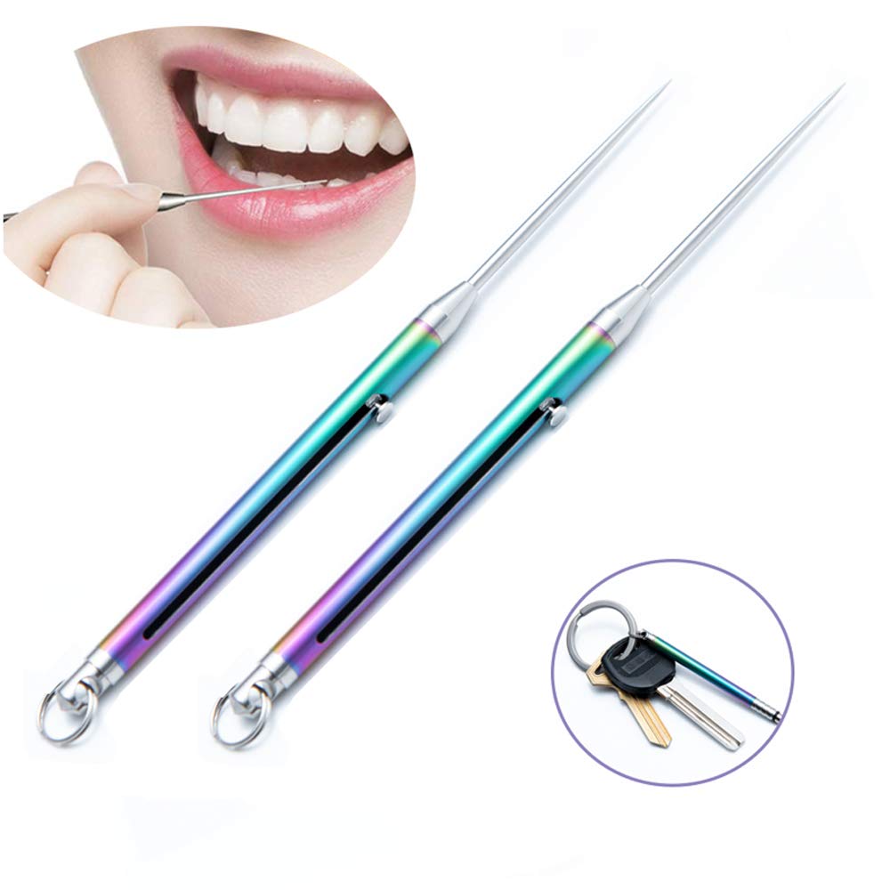Titanium Outdoor EDC Toothpick, Travel Portable Metal Toothpick and Case, Waterproof Pocket Toothpick Keyring Fruit Fork Cocktail Sticks Self Defense Tools,Colorful,2pcs
