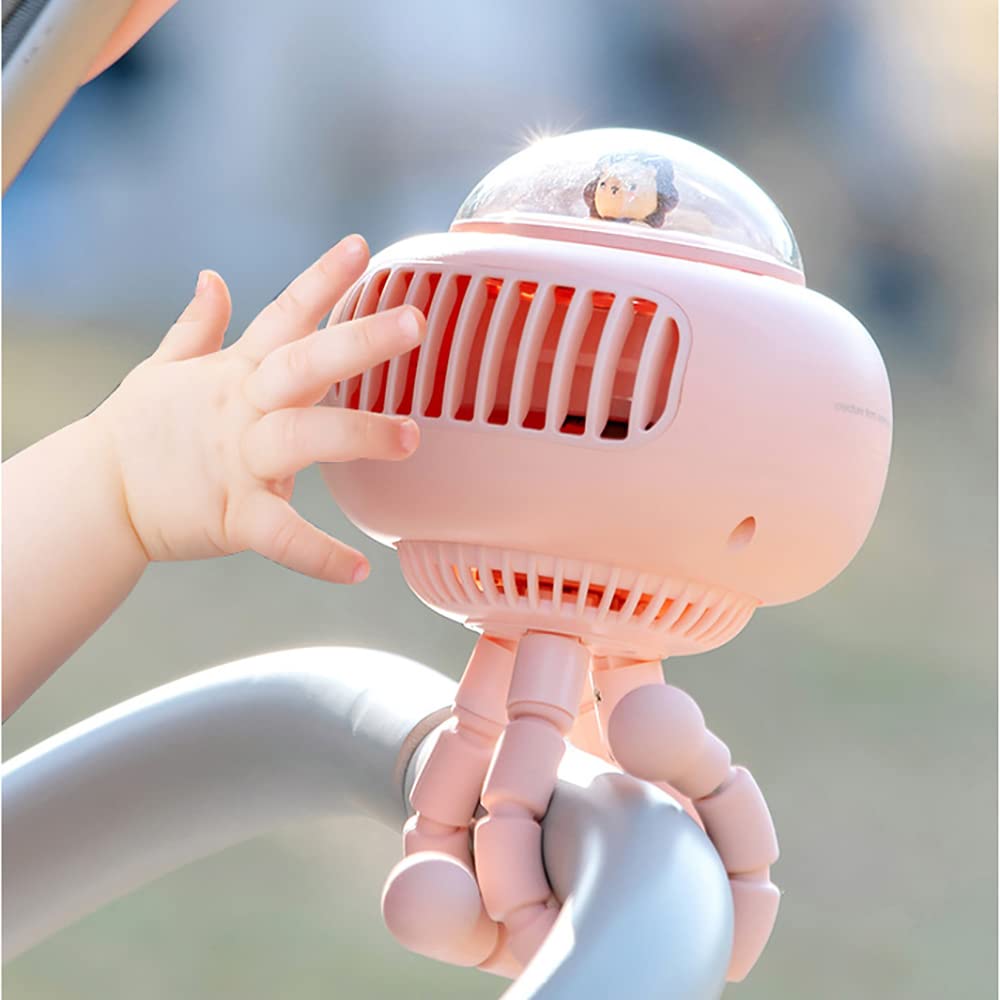 HFSECURITY Stroller Fan Flexible Tripod Clip-on Portable Fan with USB Recharging, 4 Adjustable Speeds, Mini Cute Handled Fan (Pink)