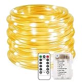 LiyuanQ LED String Lights, 8 Modes 100 LED Battery Operated String Lights Outdoor Waterproof Fairy PVC Tube Rope Lights with Decor Lighting for Garden Fence Patio Christmas Party Weddings (Warm White)