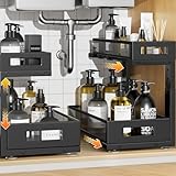 2-Pack Under Sink Storage Organizer, Large 2-Tier Elegant Mesh Pull Out Shelf for Kitchen and Bathroom Cabinet Organization, L-Shaped and Adjustable Height Design,Patent Pending-Black