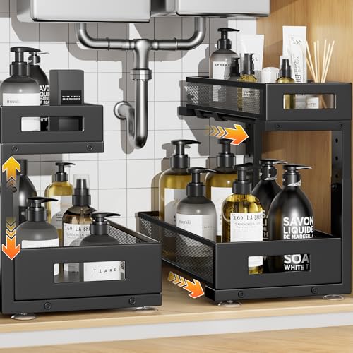 Image of 2-Pack Under Sink Storage Organizer, Large 2-Tier Elegant Mesh Pull Out Shelf for Kitchen and Bathroom Cabinet Organization, L-Shaped and Adjustable Height Design,Patent Pending-Black