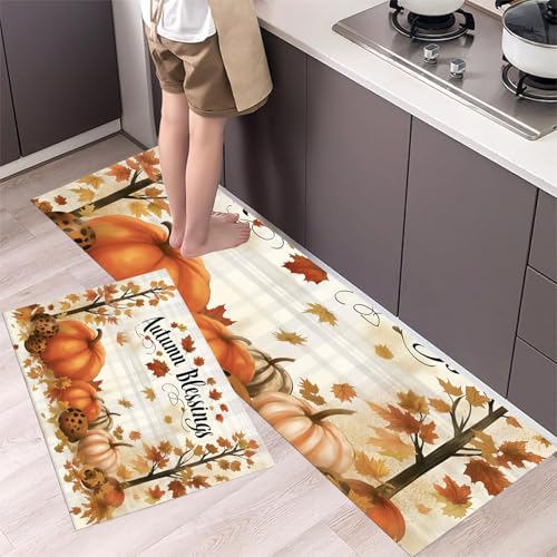 Lot de 2 tapis de cuisine orange motif script d'automne