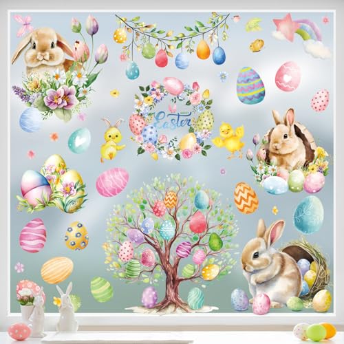 KIKISML Fensterbilder Ostern Selbstklebend, 9 Blätter Ostern Fenstersticker Wiederverwendbar, Fensterdeko mit Ostereier Hasen Küken, Ostern Fensteraufkleber für Kinderzimmer