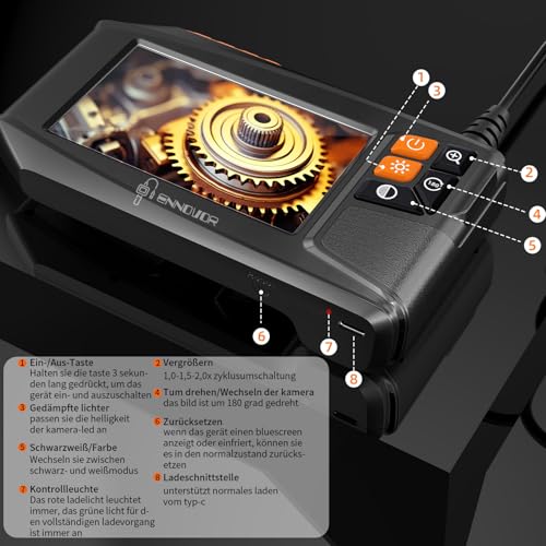 Endoskopkamera mit Licht 10m, Ennovor 1080P HD Digital Endoscope mit 4.3-Zoll-IPS- Bildschirm, IP67 Wasserdicht Rohrkamera mit 8 einstellbaren LEDs, 8mm Schlangenkamera Inspektionskamera