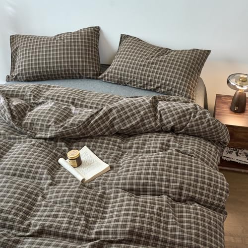Image of EAVD Vintage Style Dark Grey Gingham Plaid Duvet Cover Twin 100% Washed Cotton Like Linen Feel Soft 3-Piece Grid Plaid Bedding Set with 2 Pillowcases Reversible Geometric Duvet Cover with Zipper
