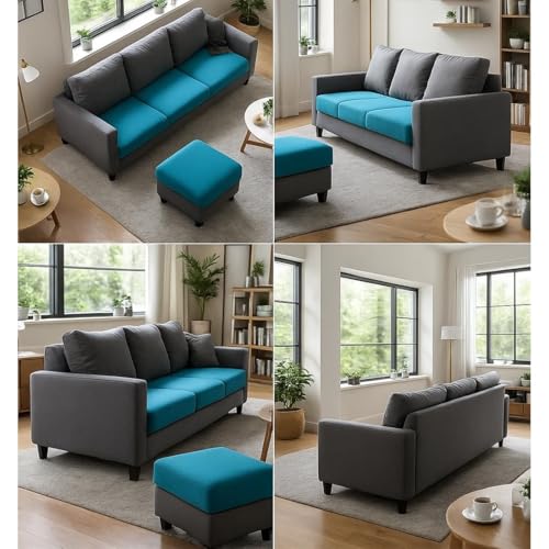 Image of FURNY Arnold 4 Seater L Shape Sofa Set with Movable Ottoman | Flexible Left or Right Layout | Plush Velvet Fabric (Dark Grey-Aqua Blue) | Perfect for Living Room, Guest Room & Office