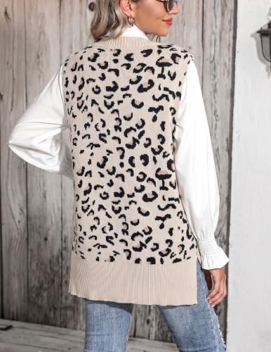 Zeagoo Womens Sweater Vest Ribbed V Neck Sleeveless Casual Knitted Plus Size Tops Fall Outfits, Leopard Apricot, Large — view 5