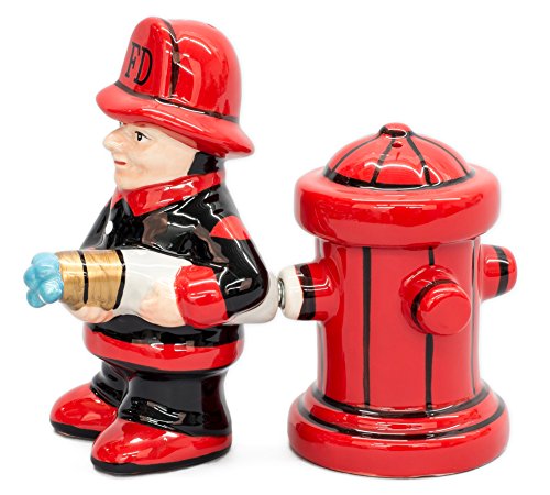 Fireman with Hose and Hydrant 4 Inch Ceramic Magnetic Salt and Pepper Shaker Set...