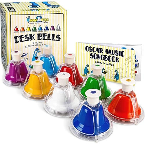 MINIARTIS Desk Bells for Kids | 8 Notes Diatonic Colorful Metal Hand Bells Set | Percussion Musical Instrument | Music Songbook & Carry Case | Great Holiday Birthday Gift for Children