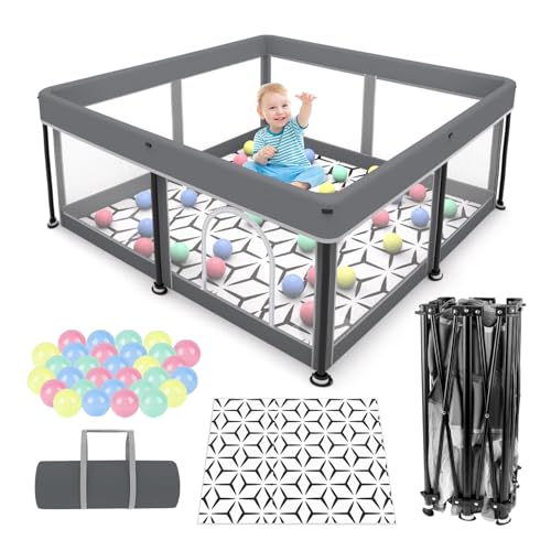 Laufstall Faltbar Baby Playpen with Mat - 127x127CM-Laufgitter, Schneller Aufbau, Sicher & Tragbar für drinnen & draußen (Grau)
