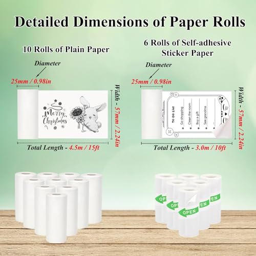 Image of 10Pcs Mini Printer Paper, 57 x 25 mm 5 Rolls Self Adhesive Thermal Paper Printable Sticker Paper and 5 Rolls White Printing Paper for Pocket Thermal Printer