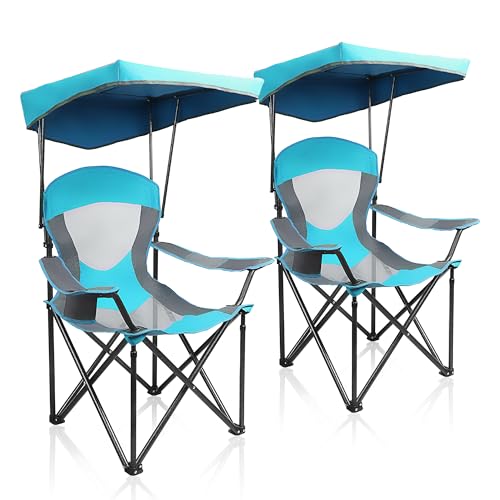 ALPHA CAMP Heavy Duty Canopy Camping Chair, 350 lbs Capacity Oversized Folding Chair with Adjustable Sunshade, Portable Sunshade Chair with Cup Holder for Beach, Fishing, Outdoor,2PC, Enamel Blue