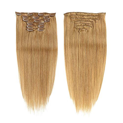 Gold Double Weft Clip in Human Hair Extensions Full Head 14"-20" Grade 8A Quality 7pcs 16clips Long Soft Silky Straight 100% Remy Human Hair Clip In (18''-70g #27)