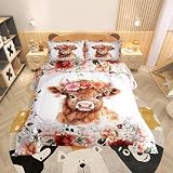 Picture of Feelyou Cute Highland Cow Comforter Set Twin Size Kids Cartoon Animal Comforter for Boys Girls Teens Flower Floral Print Bedding Set Farm Zoo Garden Theme Duvet Set Room Decor