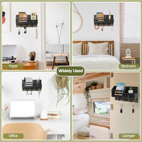 HOMEBROS Key Holder Wall Mount, Wooden Adhesive Mail and Key Organizer with Drawer, Small Shelf, 8 Hooks, 2 Installation Methods, Black by HOMEBROS - Image 6