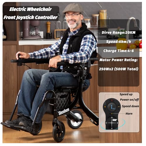 Sinceborn-Foldable-Rollator-Walker-with-Seat-Rolling-Walker-for-Seniors-3-in-1-Multi-Functional-Transport-WheelchairElectric-Driving-Scooter-with-Front-Controller-and-Rear-Controller-Hight-Style