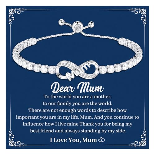 CheersLife Mothers Day Gifts for Mum Bracelet from Daughter Son, Silver Bracelet for Women Infinity Heart Gifts for Mum Mother Mummy Birthday Mothers Day Presents, 40 50 60th 70th 80th Birthday Gift
