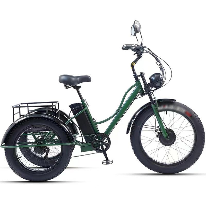 GplHAIN Triciclo per Adulti Con Pneumatici Fat Da 24'' (7 Velocità), Telaio Ribassato/Cestino Grande, Bici Cruiser per Adulti + Display Lcd + Faro Anteriore,Green