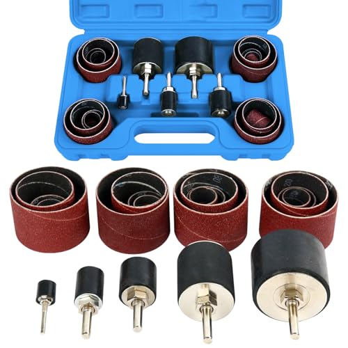 FreeTec 25tlg Schleifhülsen Schleifwalzen für Bohrmaschine, 80 120 Körnung Schleifhülsen Schleiftrommel Set, 1/4 1/8 Schleifspindel Schleifwalzen für Holz, Schleif Zubehör, Ø 12 18 23 31 50 mm
