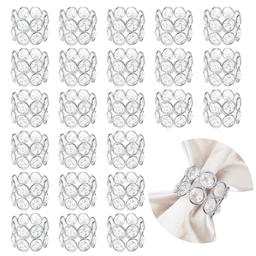 Crystal Metal Napkin Rings Set, Elegant Wedding/Party Table Decor, Shiny Holiday Dinner Accessories Bulk, Bridal Shower Gift, Anniversary, Christmas, Home Decor Essentials (Silver, 24-Pcs)