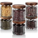 Acellegic 6 Pcs 500ml/17 oz Vintage Glass Storage Jar Glass Containers with Wood Lid Ribbed Pattern Airtight Kitchen Spice Containers for Pantry, Coffee Bean, Grains, Tea, Sugar, Flour, Candy, Oats