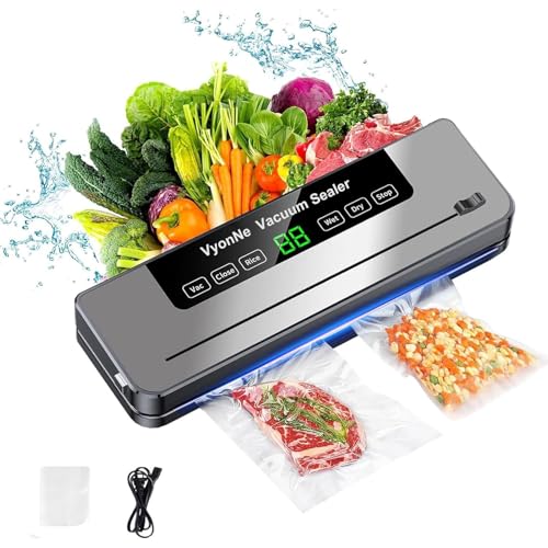 VyonNe Vacuum Sealer Full Automatic Food Saver Machine With LED Indicator Lights Dry/Moist Modes Built-in Cutter 10 Sealing Bags for Jars and Containers Storage