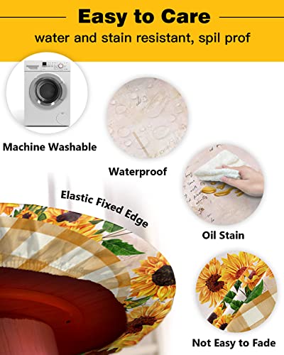 Stretch Fitted Table Covers For 55"-60" Tables - Waterproof Wipeable Colorfast Outdoor Table Cover Round Tablecloth For Party - Rustic Country Farmhouse Sunflower Watercolor Orange Plaid Table Cloth #TOP2