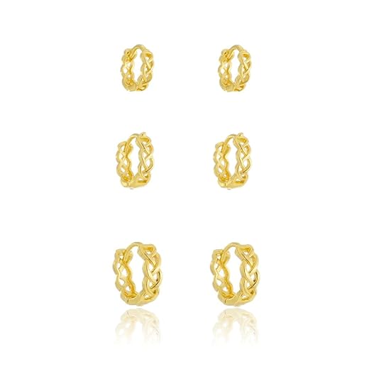 Kit Trio de Brinco com 3 Argolas Trançadas Douradas Folheado Ouro 18k