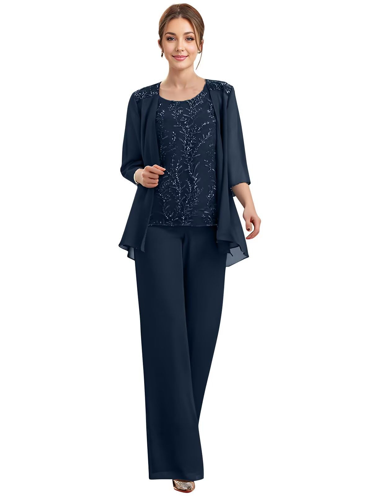 Mother of The Bride Pantsuits for Wedding Chiffon Sparkly Sequins Appliques Grandmother of Bride Pant Suits 3 Piece