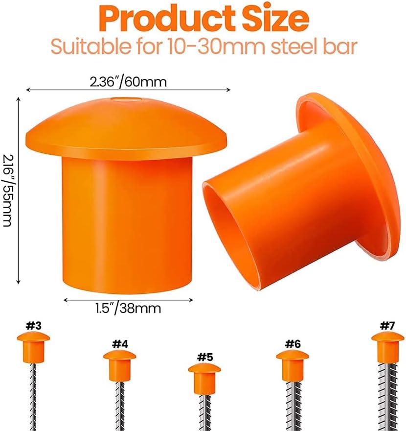 100 Pcs Plastic Caps Rebar Caps for Rebar 3 to 7, Orange Color, 2.36 X 2.17 X 1.5 Inches
