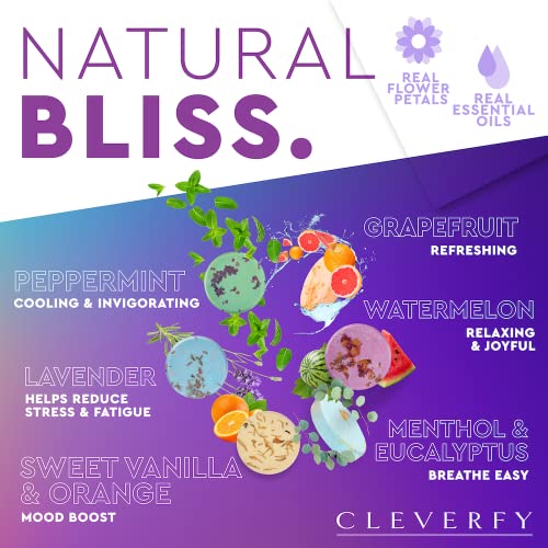 Cleverfy Aromatherapy Shower Steamers - Variety Pack of 6 Shower Bombs with Essential Oils. Self Care and Relaxation Shower Steamer for Women and Men. Purple Set