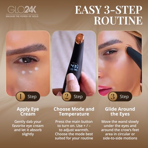 GLO24K UNLEASH THE POWER OF GOLD GLO24K Heated Eye Wand & Eye Massager Tool – Gentle Warmth & Vibration for Smoother-Looking Skin, Refreshing Under-Eyes Massage, Portable Beauty Device