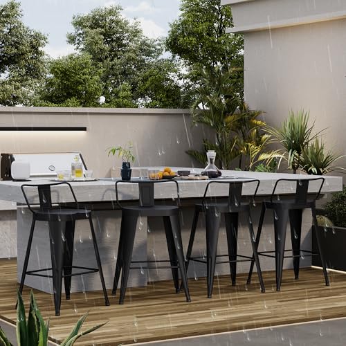 Conjunto de 4 butacos industriales de metal para exterior, altura de barra, asiento grande, respaldo bajo, color negro miniatura 5
