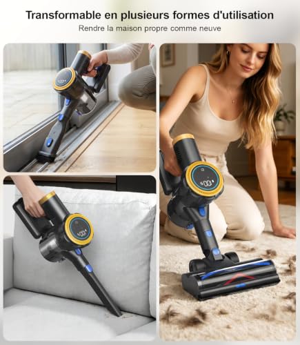 Aspirateur Balai Sans Fil Bleu 580W, Aspirateur Électrique Puissant et Silencieux, Brosse à Aspiration LED, Batterie Rechargeable, Cordless Vacuum Cleaner, Pour Poils d’Animaux, Tapis et Sols Durs – vue 3