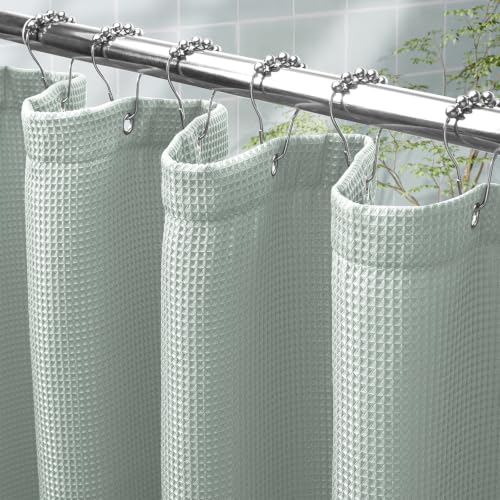 Image of AmazerBath Grayish Green Shower Curtain Waffle Textured, Fabric Shower Curtain Dusty Green Thick Heavy Duty 240GSM Hotel Quality Bathroom Shower Curtains, Premium Polyester, 72 x 72 Inches