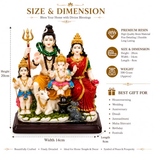 Image of Shiv Parivar Idol 8 Inch | Lord Shiva Maa Parvati Ganesh Kartikeya Murti with Nandi & Shivling | Premium Resin Mahadev Family Statue Showpiece for Home Temple, Mandir, Pooja Room | Diwali Return Gift