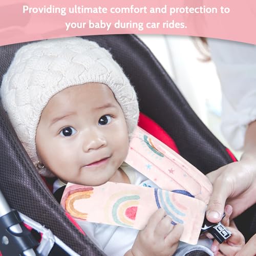 Image of Carseat Strap Covers for Babies, Soft Seatbelt Covers for Kids, Reversible Baby Car Seat Strap Covers, Size: 6.5 x 6.5 inch, for Baby Car Seat, Stroller, Swing, High Chair, Rainbow